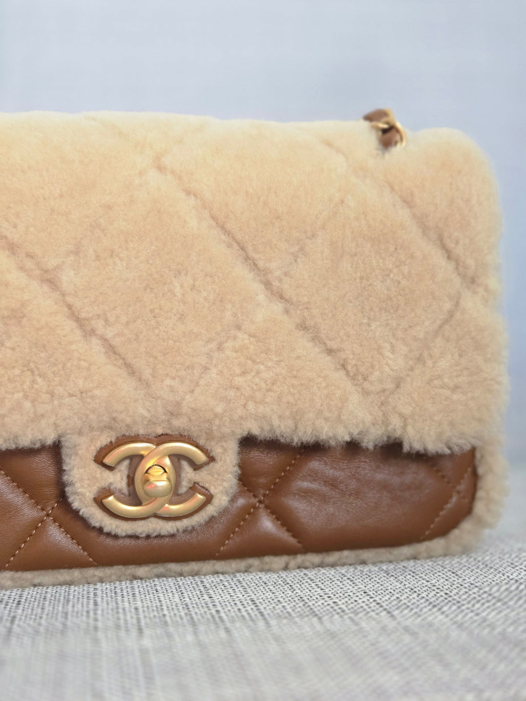 Chanel 24K 2024 Fall/Winter Collection Beige Brown Teddy Shearling MEDIUM flap Bag with Aged GHW