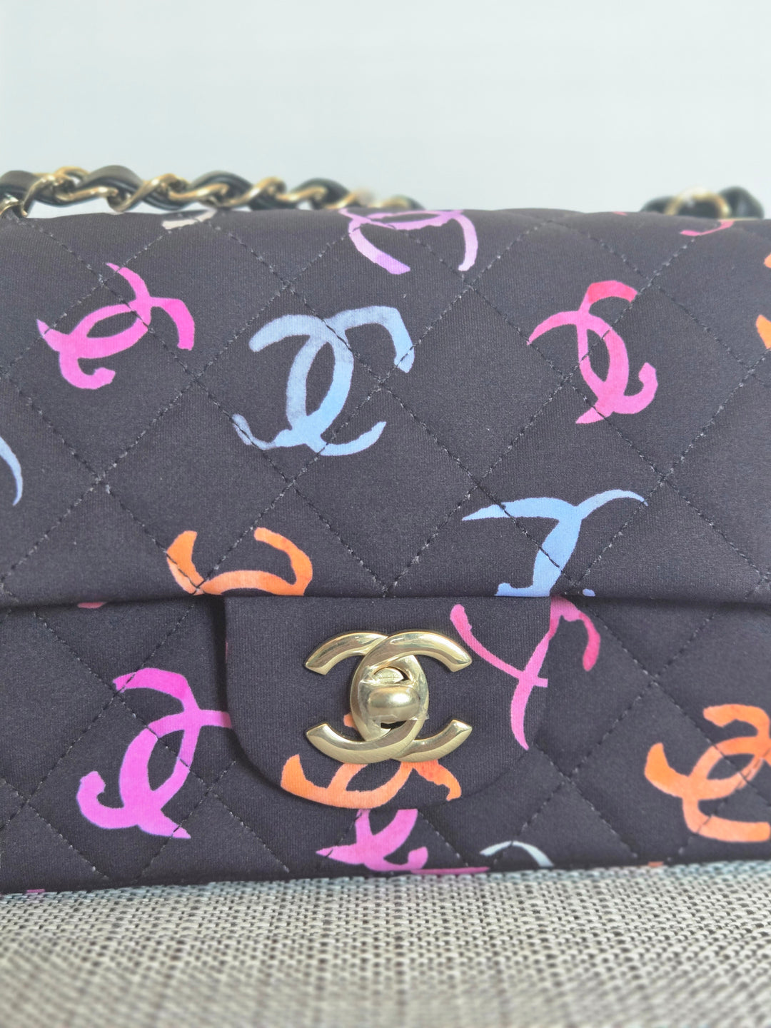 Chanel 24S collection Navy Multi color Jersey Mini Rectangular Flap Bag with Champagne GHW
