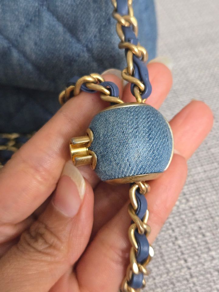CHANEL 23C 2022/2023 Cruise collection Denim Pearl Crush Adjustable Chain Mini Rectangular Flap Bag with Aged GHW