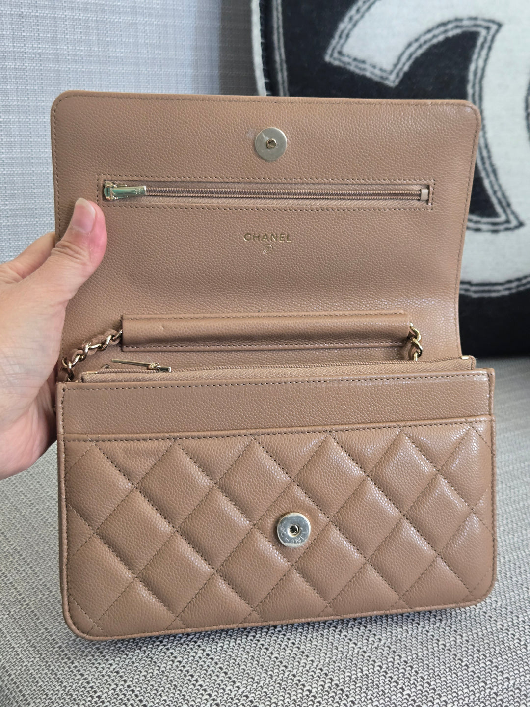 Chanel Dark Beige Caviar Champagne GHW Classic Wallet on Chain (WOC) 2023