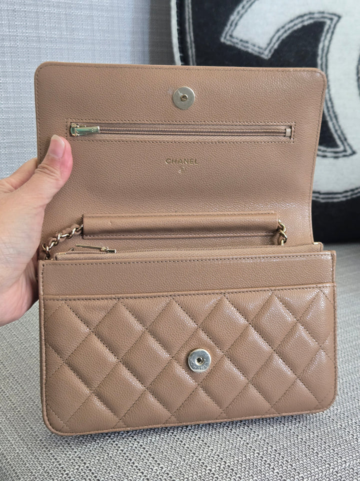 Chanel Dark Beige Caviar Champagne GHW Classic Wallet on Chain (WOC) 2023
