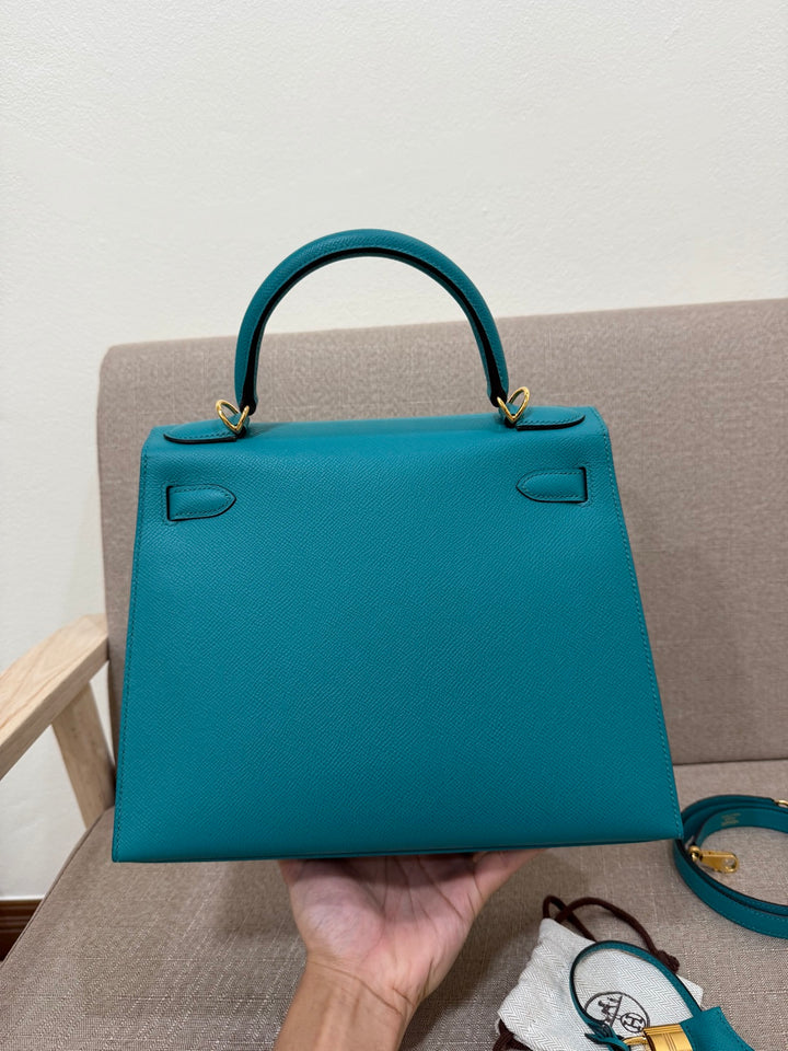 Hermes Kelly 28 in Bleu Paon Epsom Sellier Leather GHW Stamp D 2019