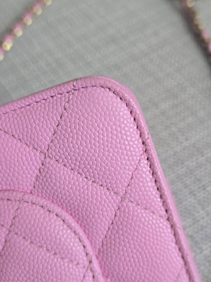 Chanel 23P Collection 2023 Mauve undertone Pink Caviar Champagne GHW Classic Wallet on chain (WOC)