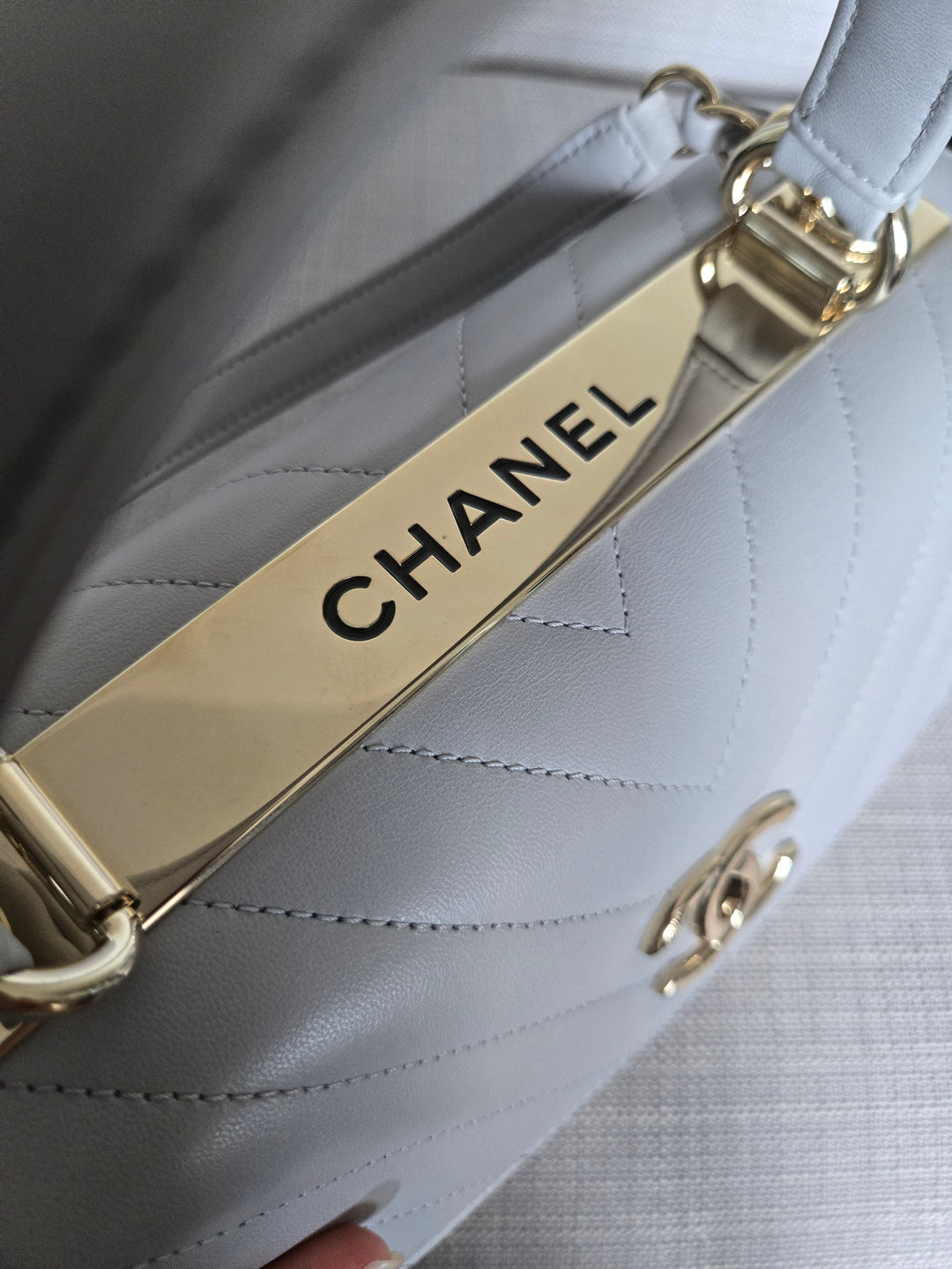 Chanel series 25 Grey Lambskin Chevron Trendy CC Top Handle Flap Bag Size Small with Champagne GHW and Detachable Shoulder strap