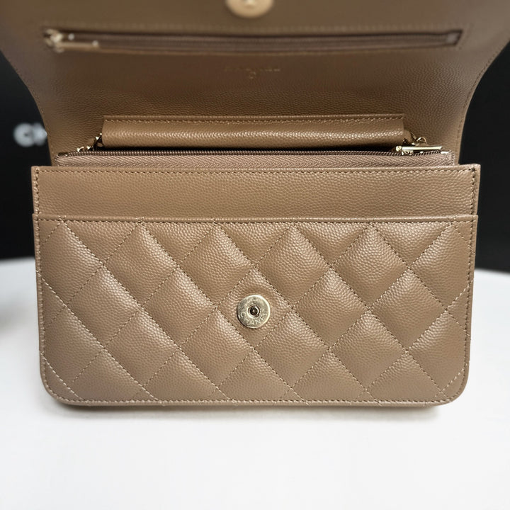 CHANEL 22A collection 2022 Dark Beige Caviar LGHW Classic Wallet On Chain (WOC)