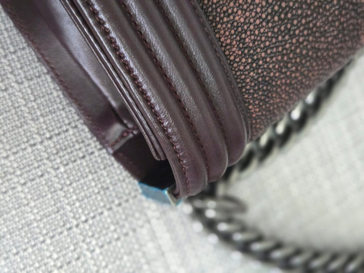 Chanel series 21 2015 Burgundy Lambskin Stingray Le Boy Flap Bag with RHW size Small