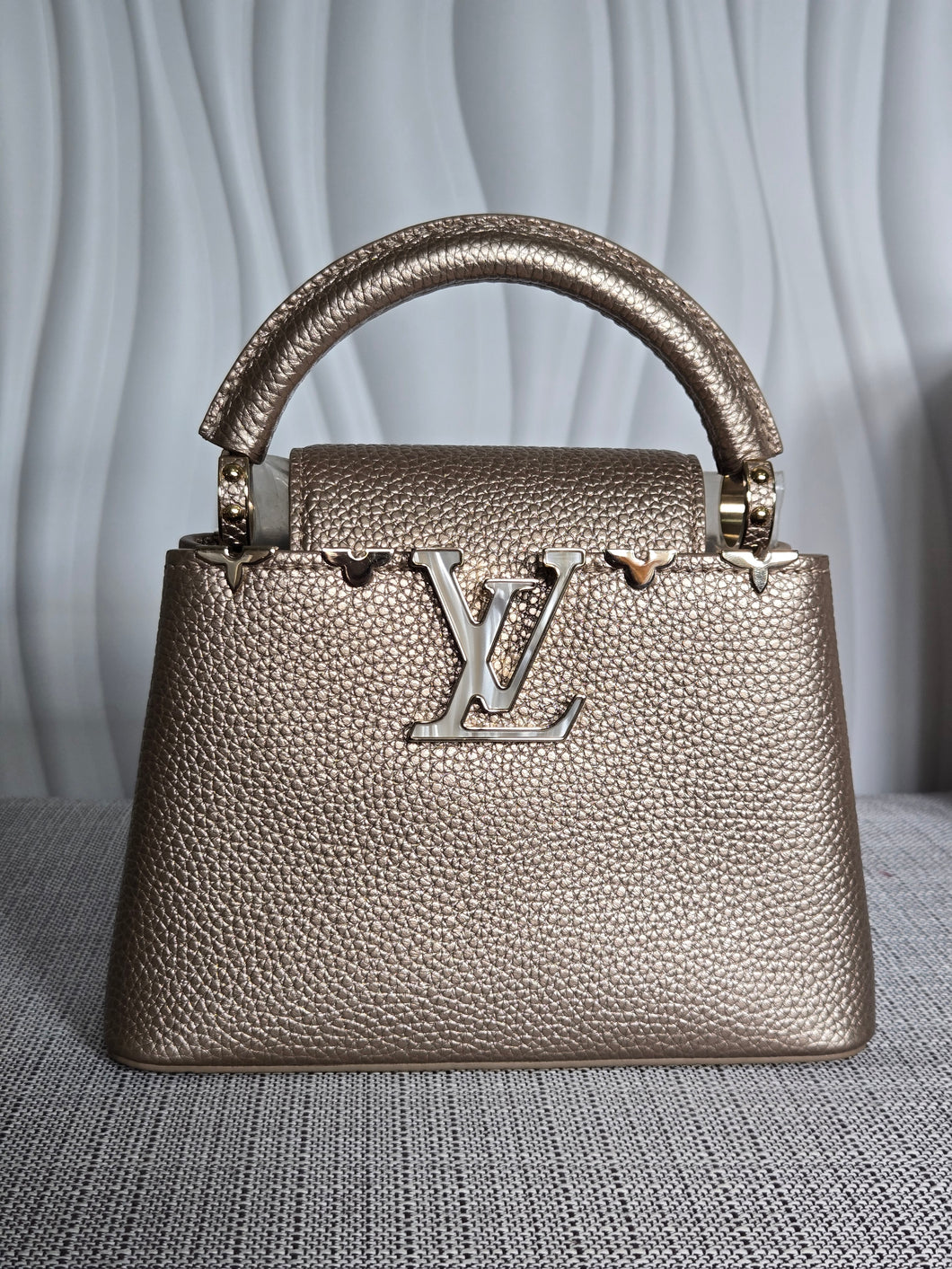 LOUIS VUITTON LV Metallic Taurillon Embellished Flower Crown Mini Capucines in Gold