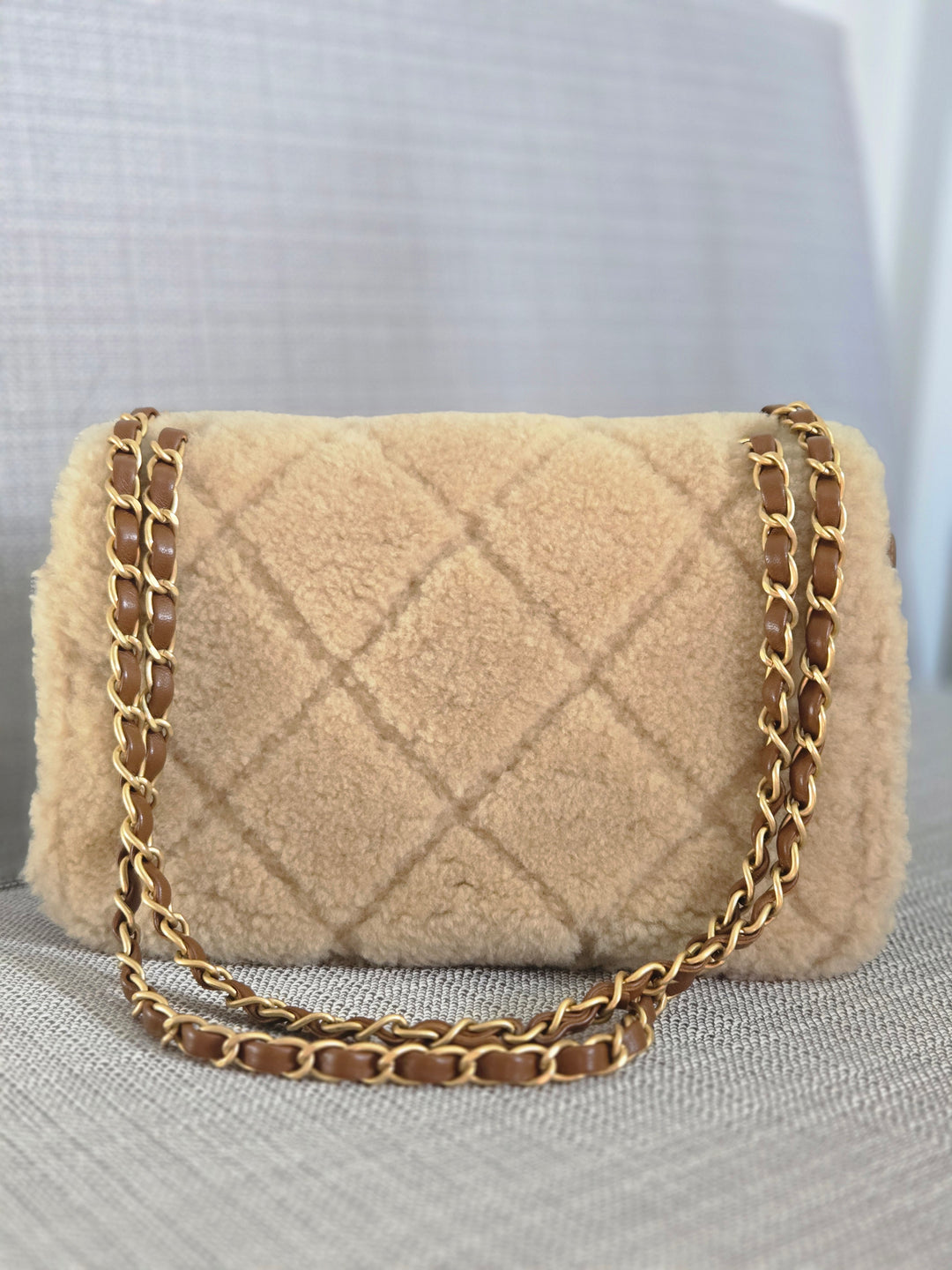 Chanel 24K 2024 Fall/Winter Collection Beige Brown Teddy Shearling MEDIUM flap Bag with Aged GHW