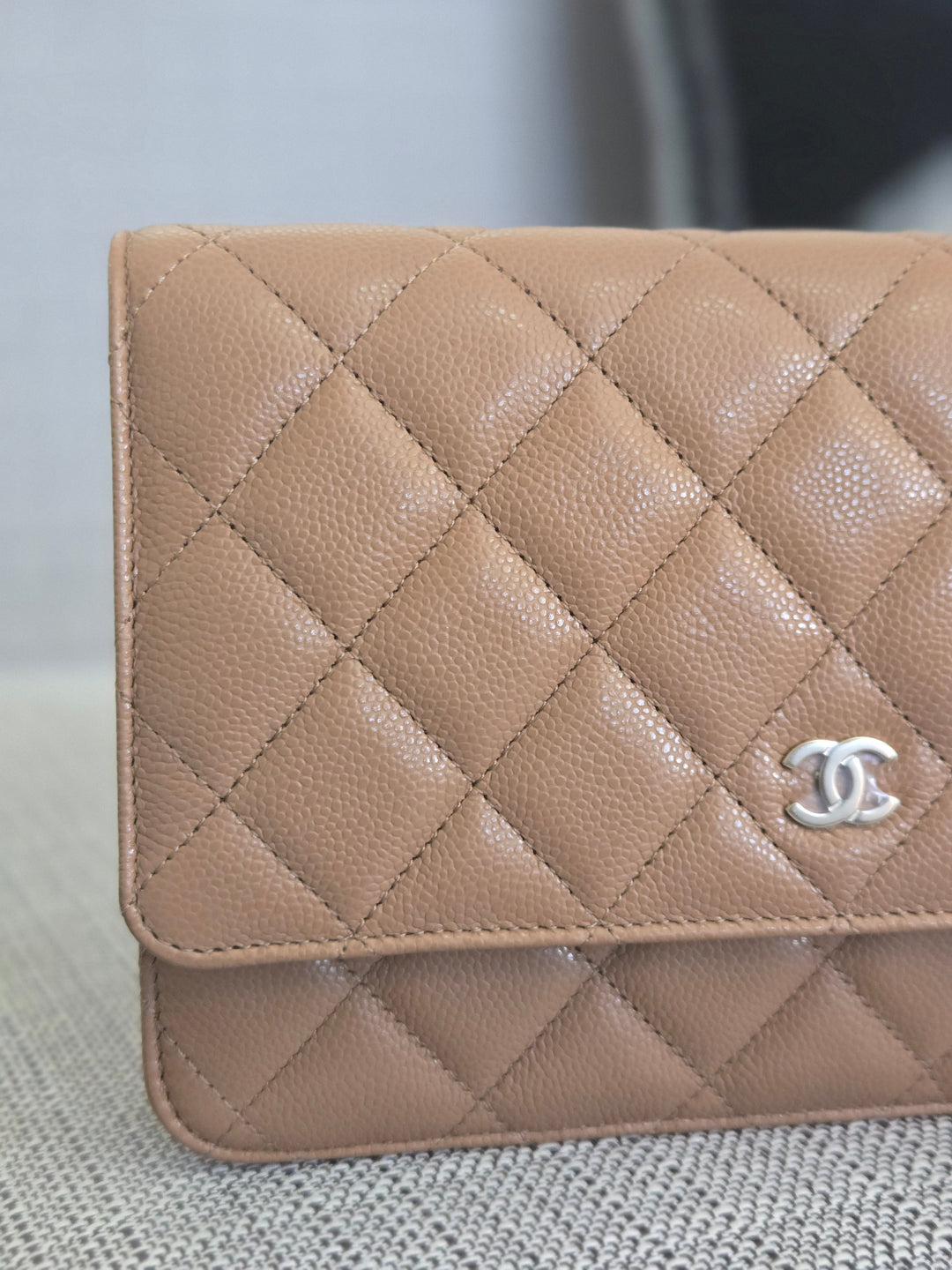 Chanel Dark Beige Caviar Champagne GHW Classic Wallet on Chain (WOC) 2023