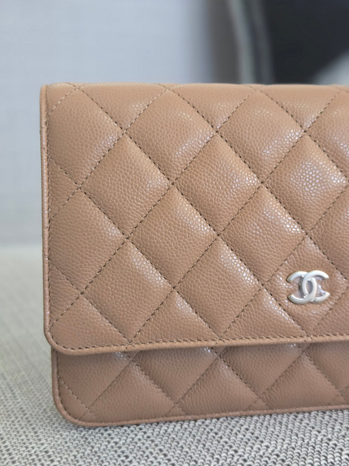 Chanel Dark Beige Caviar Champagne GHW Classic Wallet on Chain (WOC) 2023
