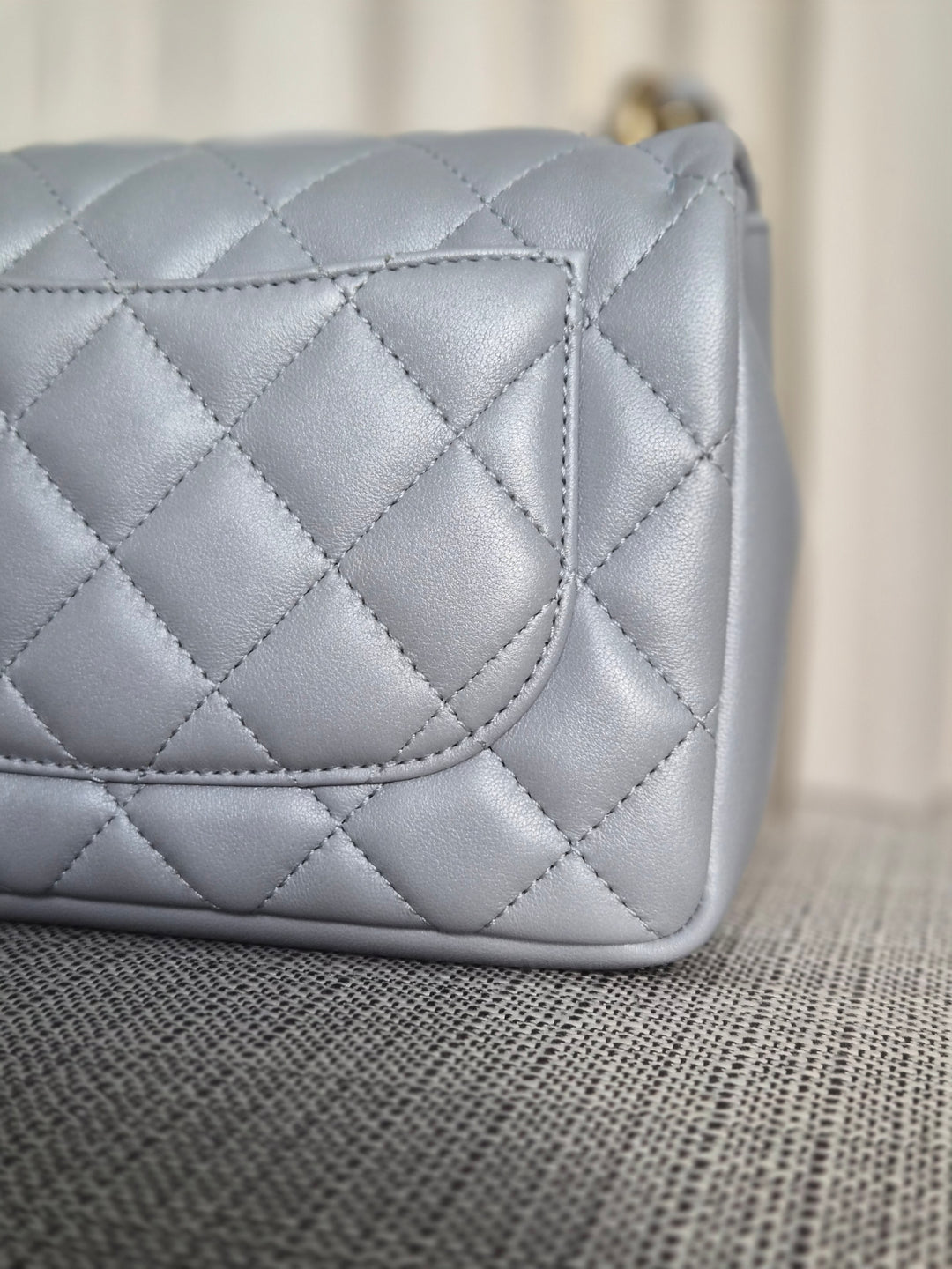 CHANEL Pearl Twist Pearly Silver Light Blue Lambskin Mini Flap Bag