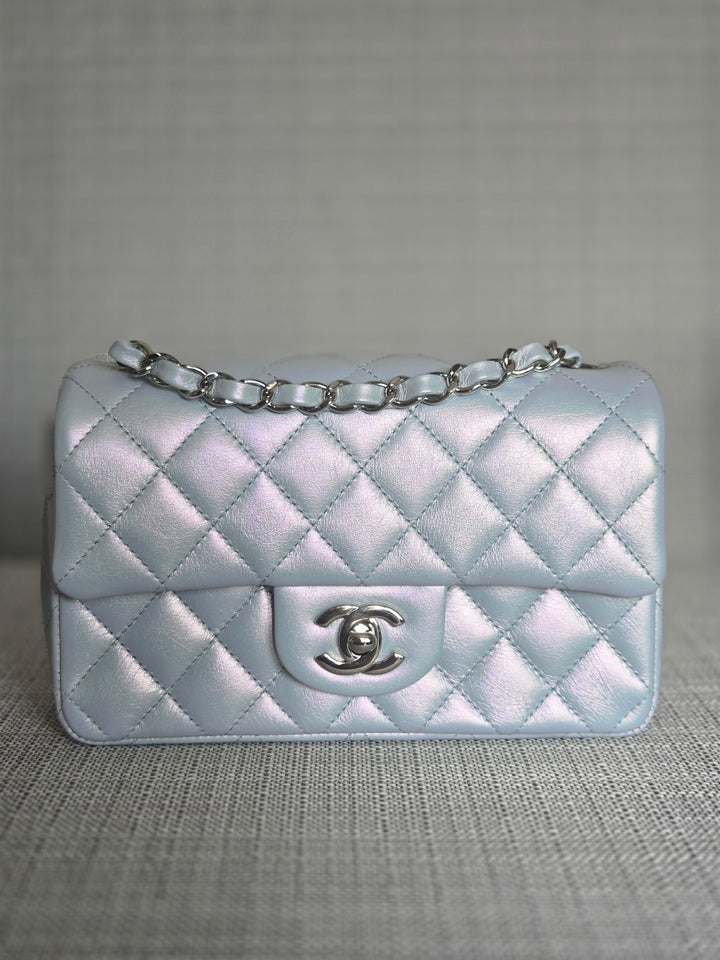 Chanel 21K collection 2021 Iridescent Light Blue Calf skin SHW Mini Rectangular Flap Bag