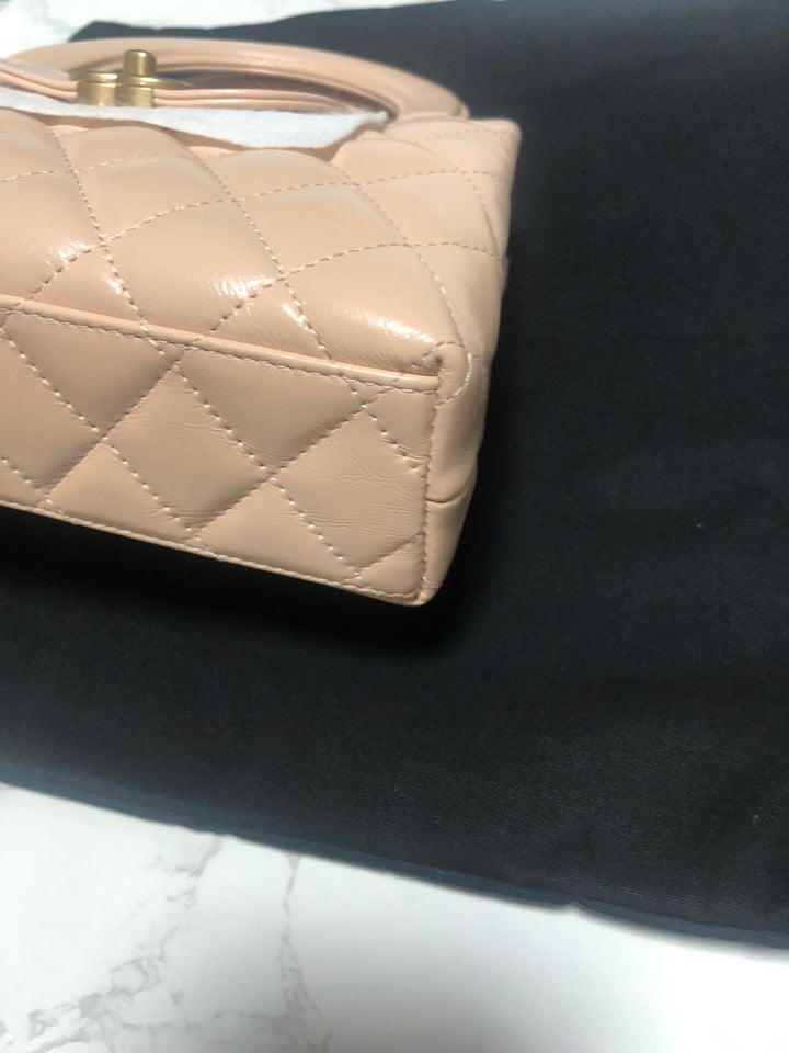 CHANEL 25C Beige Calf Skin aged GHW Kelly Nano Shopping Bag Size Small 19 cms fits iPhone pro max