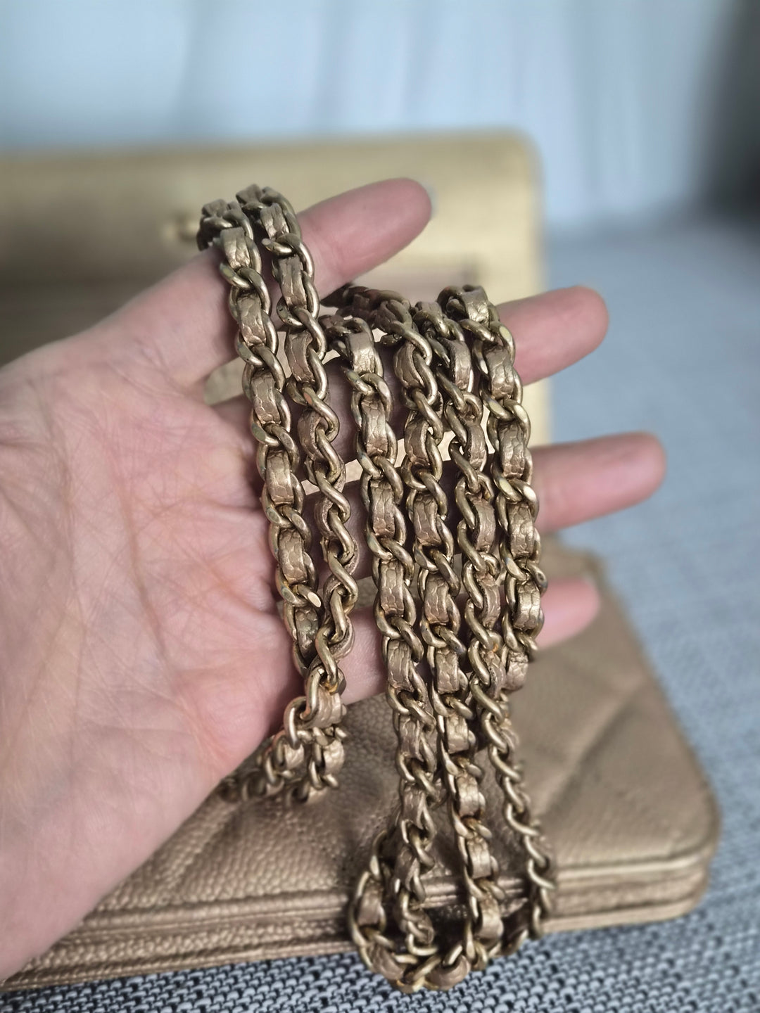 CHANEL series 20 2015 15B collection Gold Caviar Aged GHW Classic Wallet On Chain (WOC)