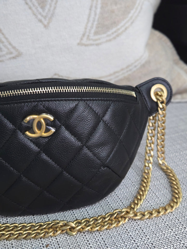 Chanel 24B 2024 Fall/Winter Black Caviar GHW Sweetheart Adjustable chain Waist Bag/Fanny Bag/Bum Bag