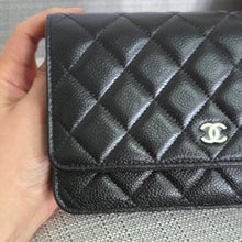 Load image into Gallery viewer, Chanel Black Caviar Classic Wallet on chain (WOC) with silver hardware
