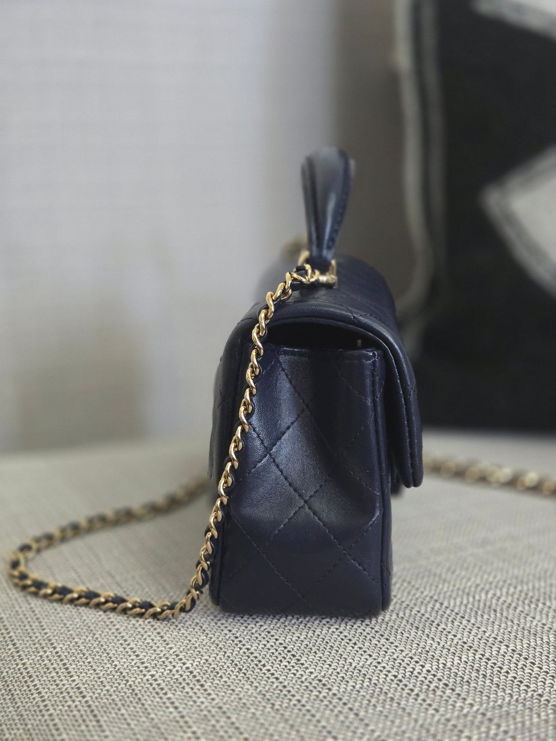Chanel Navy Lambskin Mini Rectangular Flap Bag with Champagne GHW and Top Handle