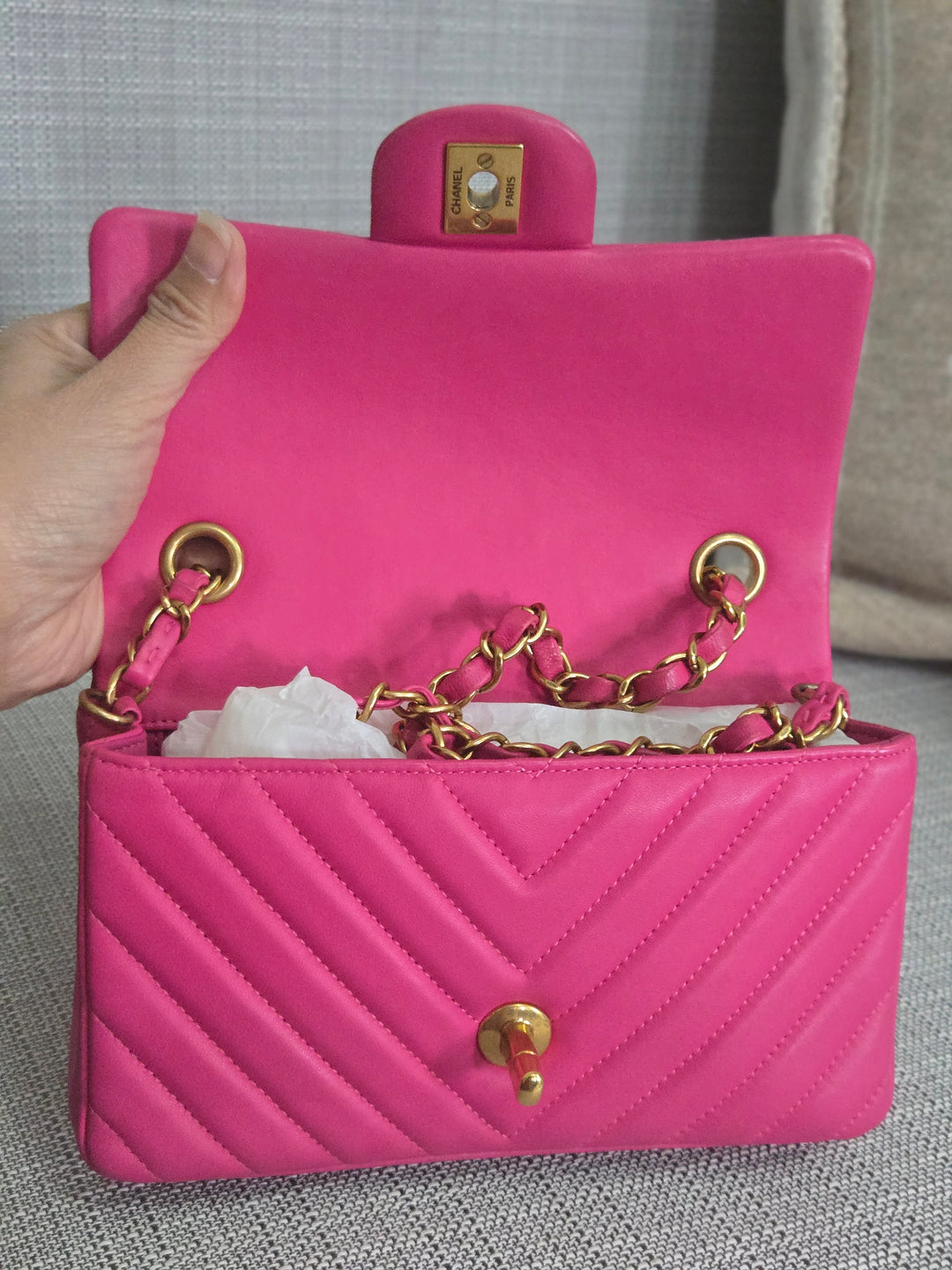 Chanel series 21 Barbie Pink Lambskin Chevron Mini Rectangular Flap Bag with Yellow GHW