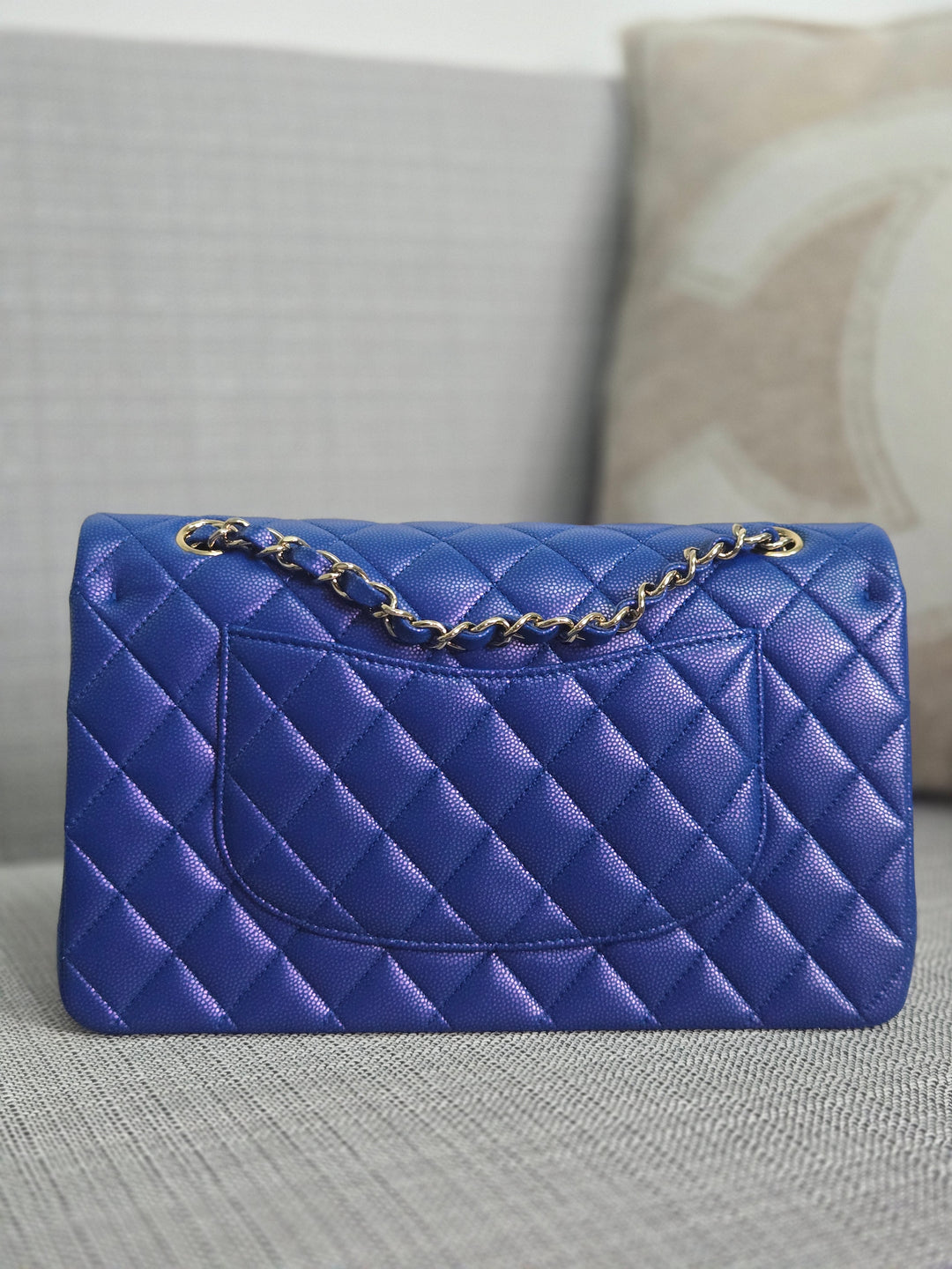 Chanel series 31 Iridescent Cobalt Blue Caviar Medium ML Timeless Classic Double Flap Bag with Champagne GHW