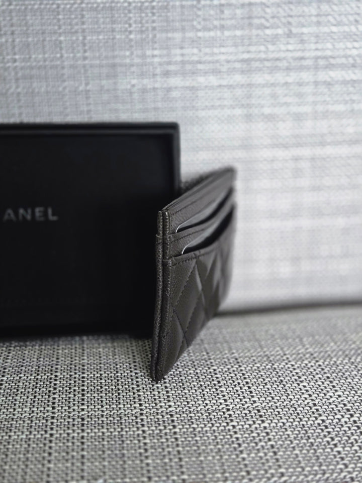 Chanel 2024/2025 25C collection Dark Chocolate Brown Caviar LGHW Flat Card Holder