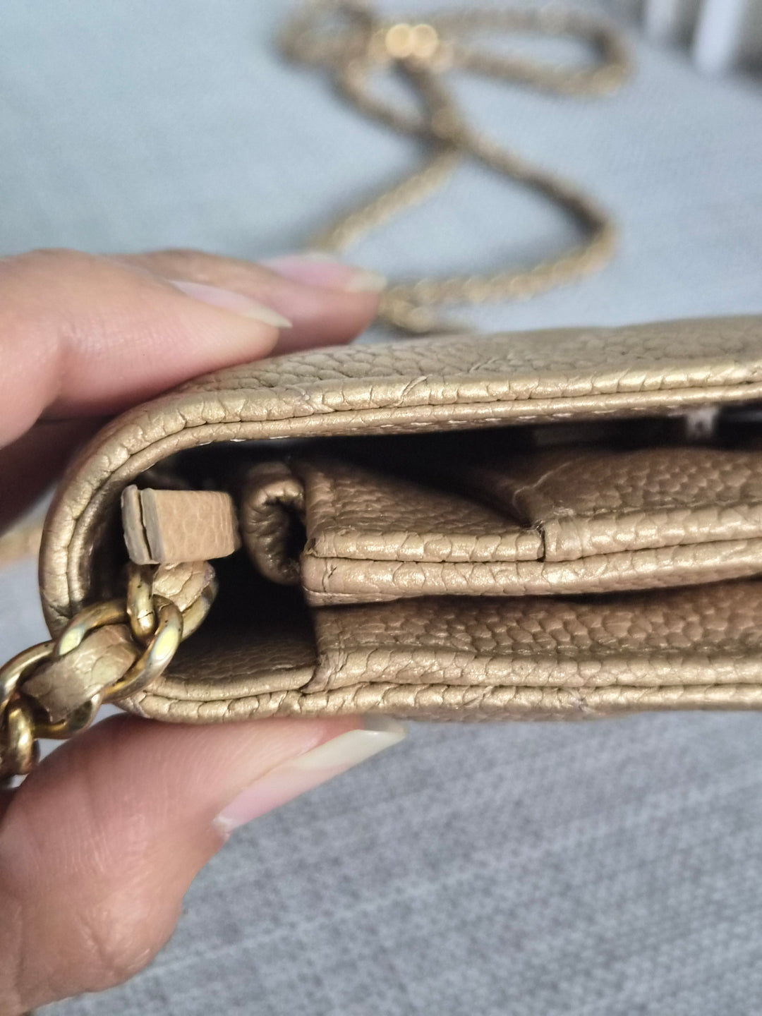 CHANEL series 20 2015 15B collection Gold Caviar Aged GHW Classic Wallet On Chain (WOC)