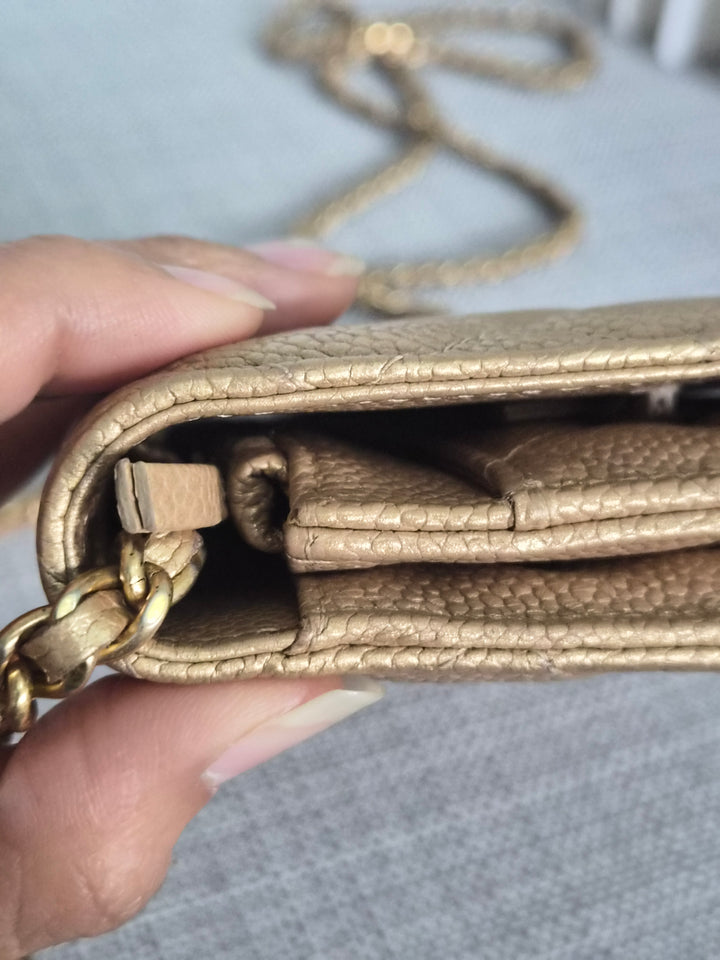 CHANEL series 20 2015 15B collection Gold Caviar Aged GHW Classic Wallet On Chain (WOC)
