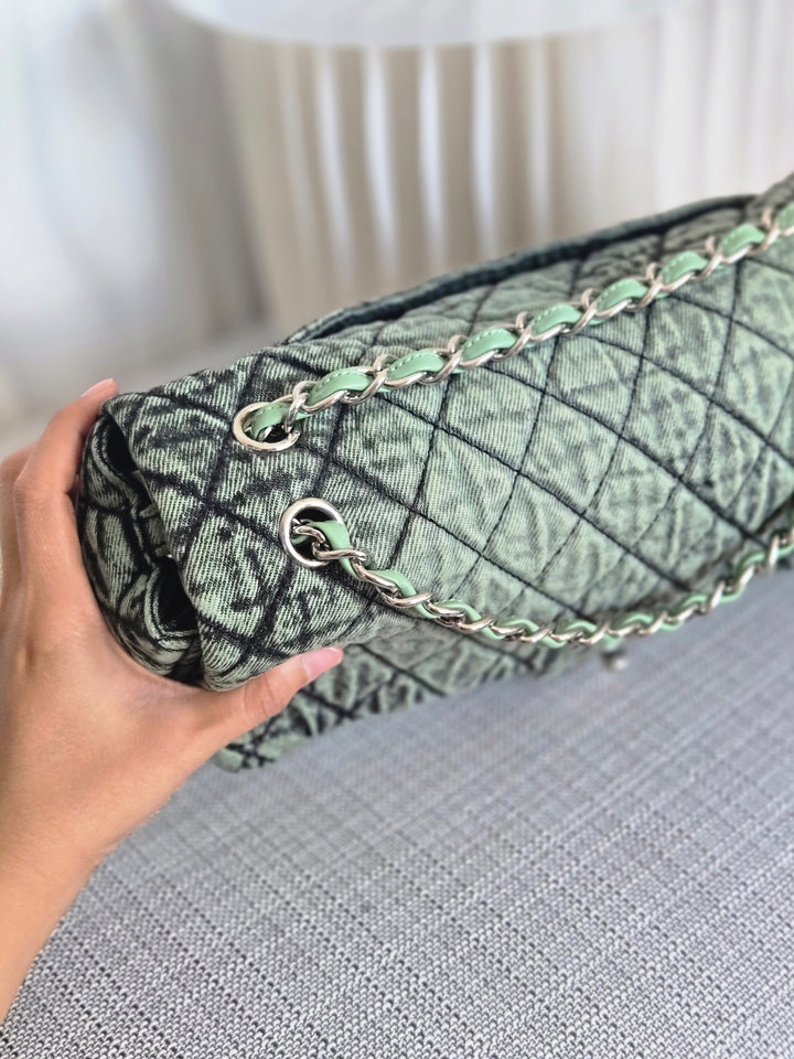 CHANEL Green Denimpression SHW size Jumbo Single Flap Bag