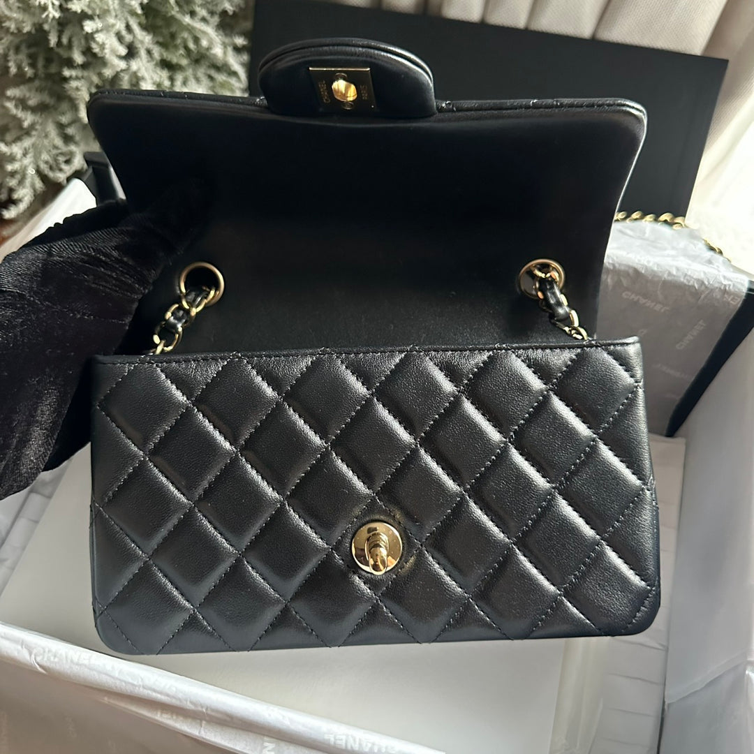 CHANEL Black Lambskin LGHW Mini Rectangular Flap Bag