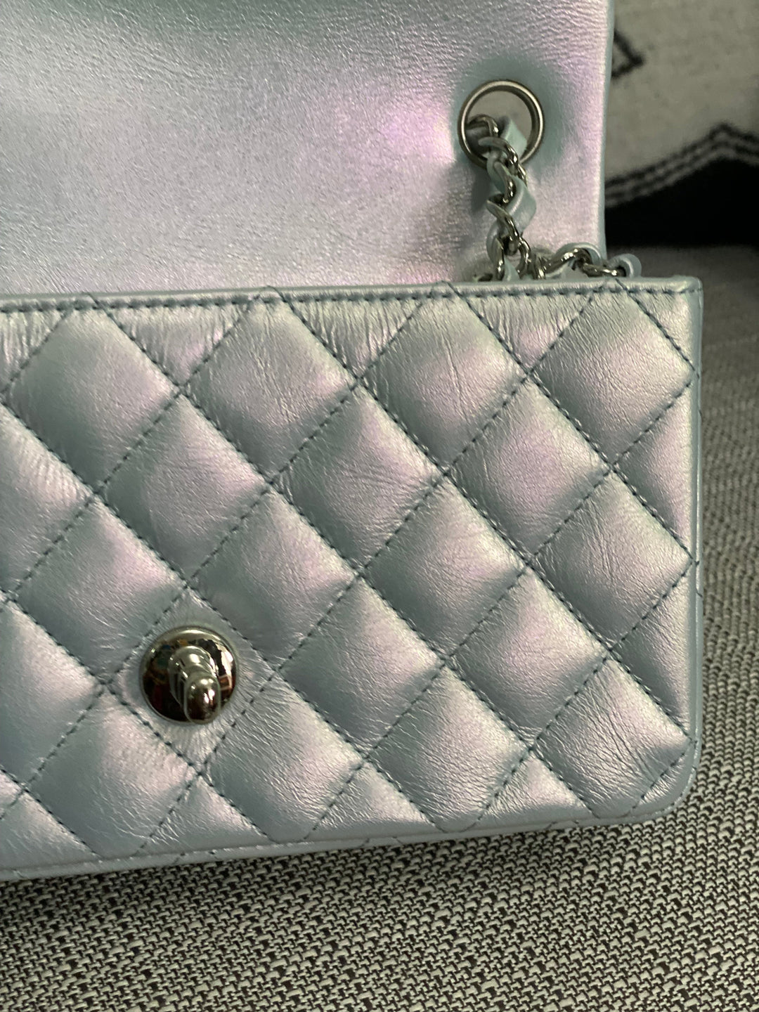 Chanel 21K collection 2021 Iridescent Light Blue Calf skin SHW Mini Rectangular Flap Bag