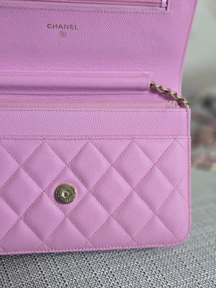 Chanel 23P Collection 2023 Mauve undertone Pink Caviar Champagne GHW Classic Wallet on chain (WOC)