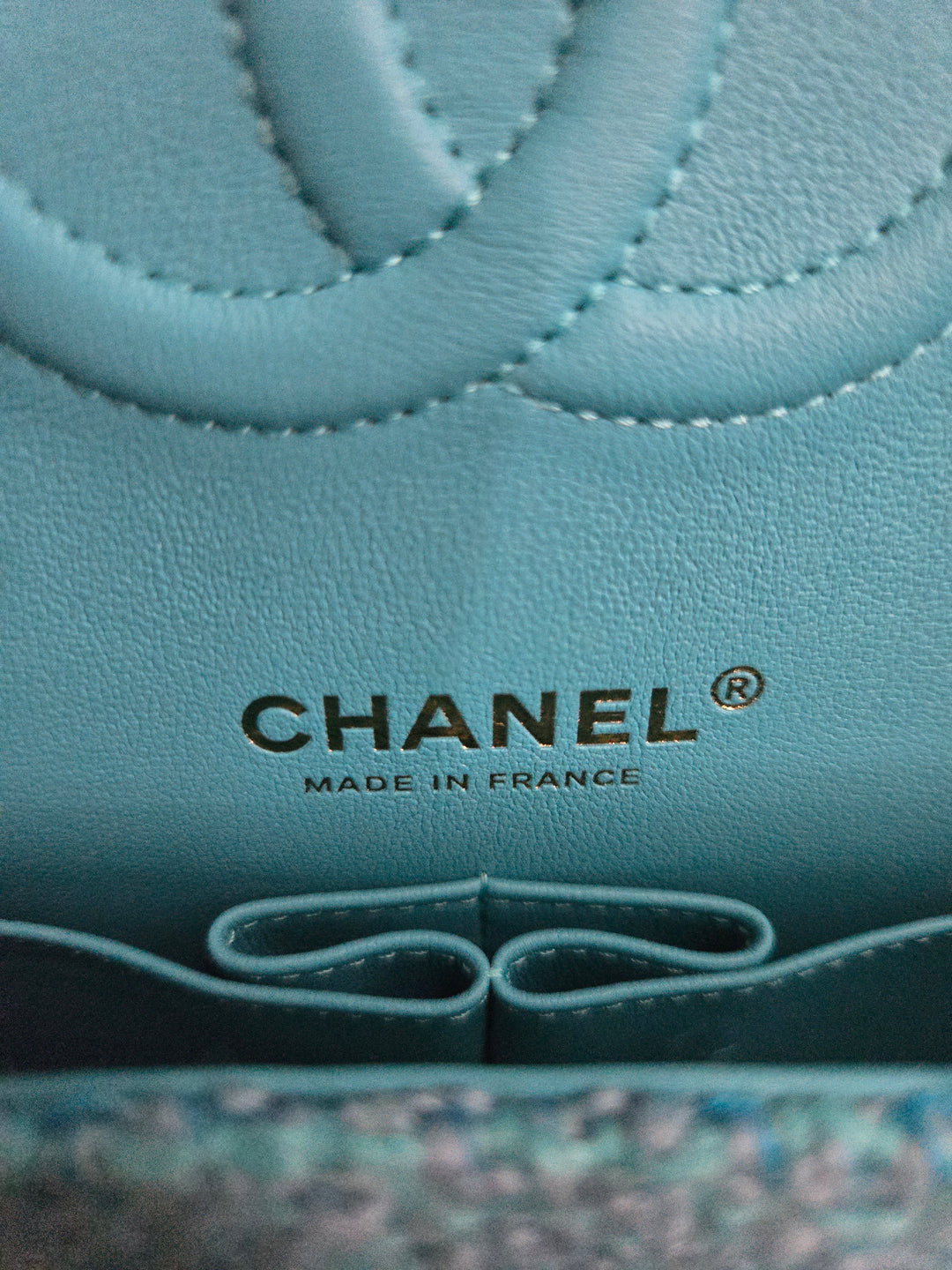 Chanel 22B 2022 Fall/Winter Collection Turquoise Blue Tweed Medium ML Timeless Classic Double Flap Bag with Champagne GHW