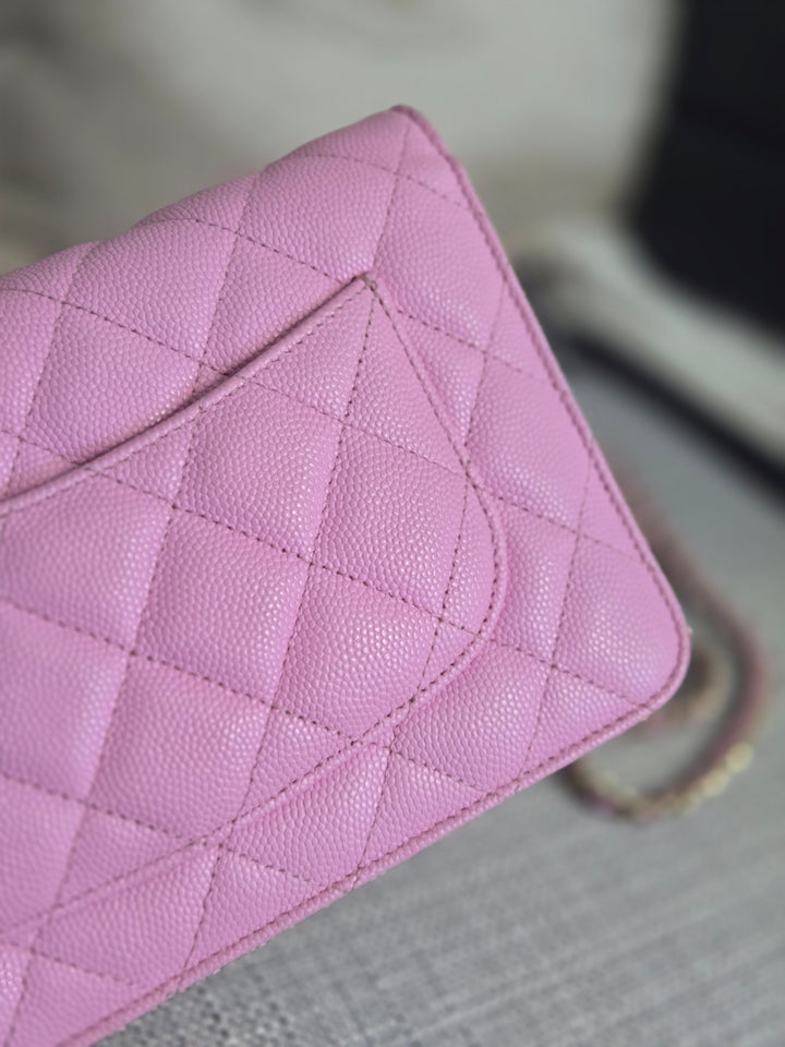 Chanel 23P Collection 2023 Mauve undertone Pink Caviar Champagne GHW Classic Wallet on chain (WOC)