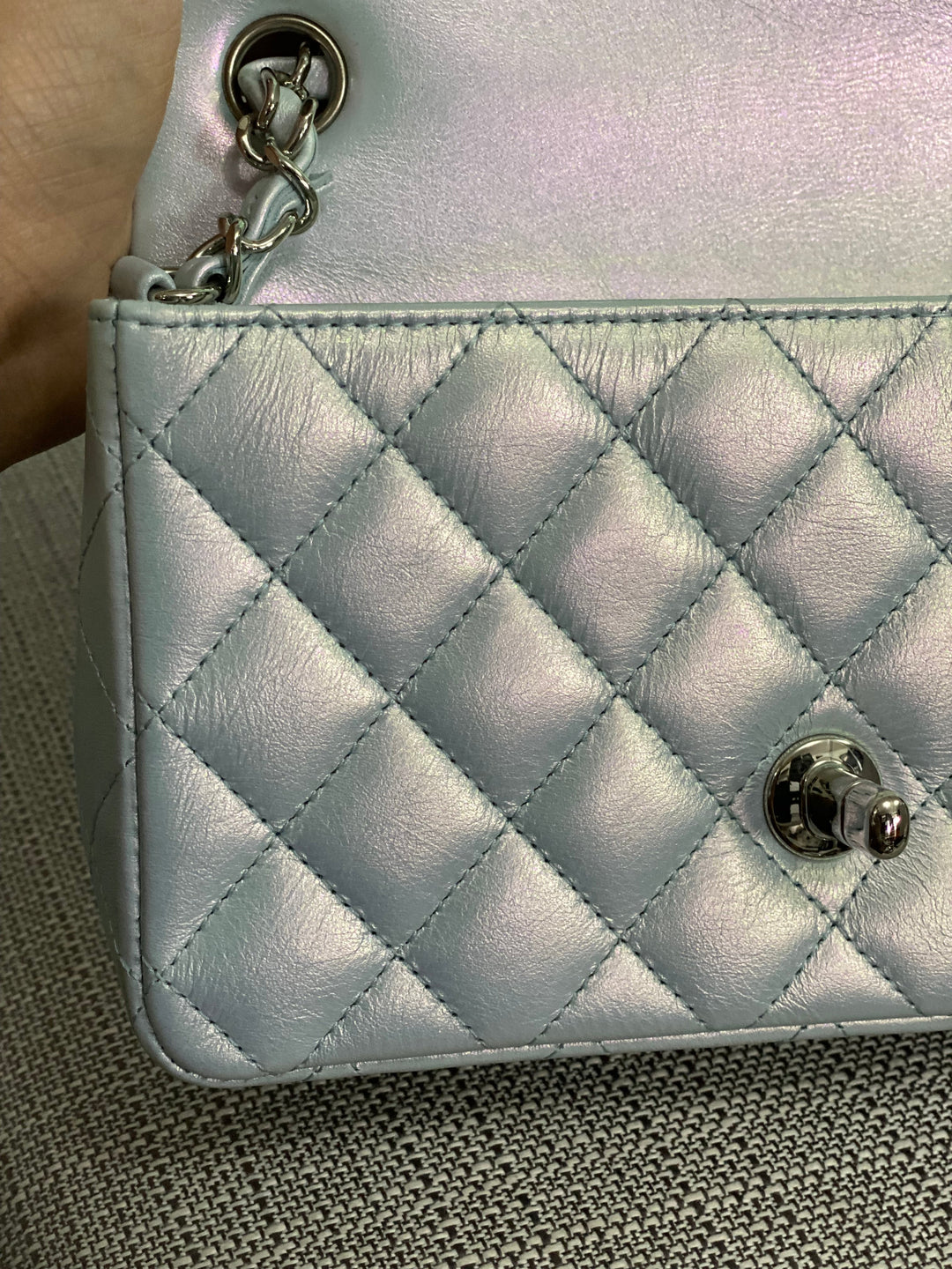 Chanel 21K collection 2021 Iridescent Light Blue Calf skin SHW Mini Rectangular Flap Bag