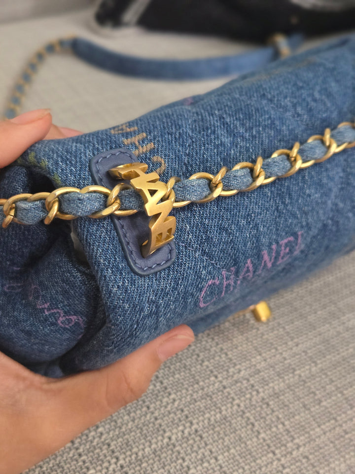 Chanel 22P Blue Denim Mood Flap Bag size Small with aged GHW