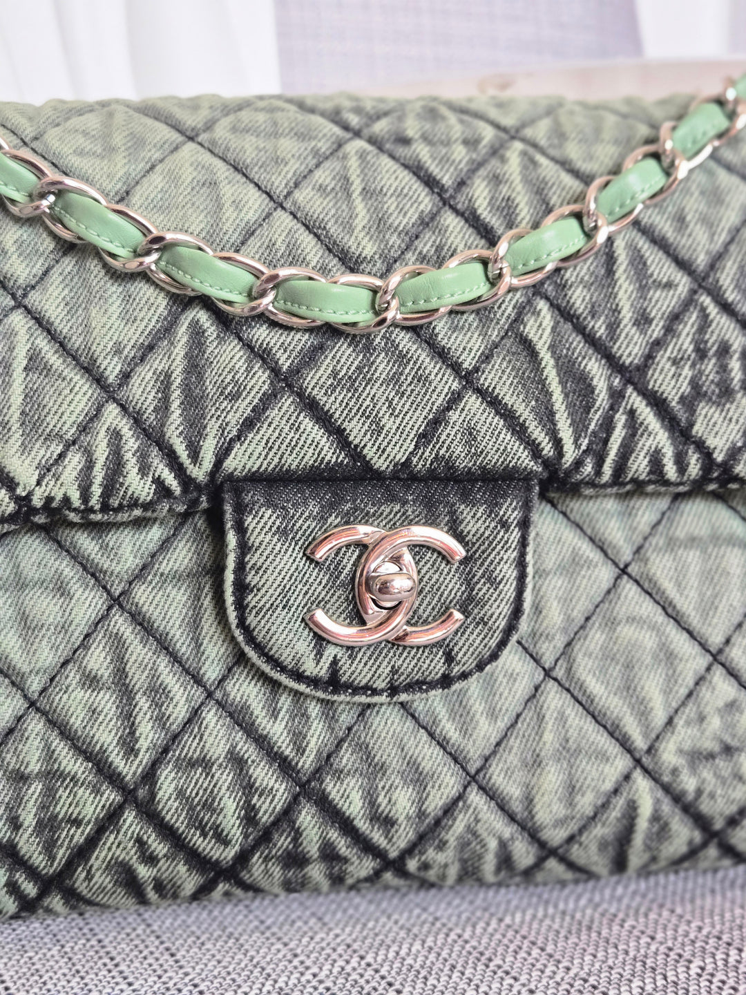 CHANEL Green Denimpression SHW size Jumbo Single Flap Bag