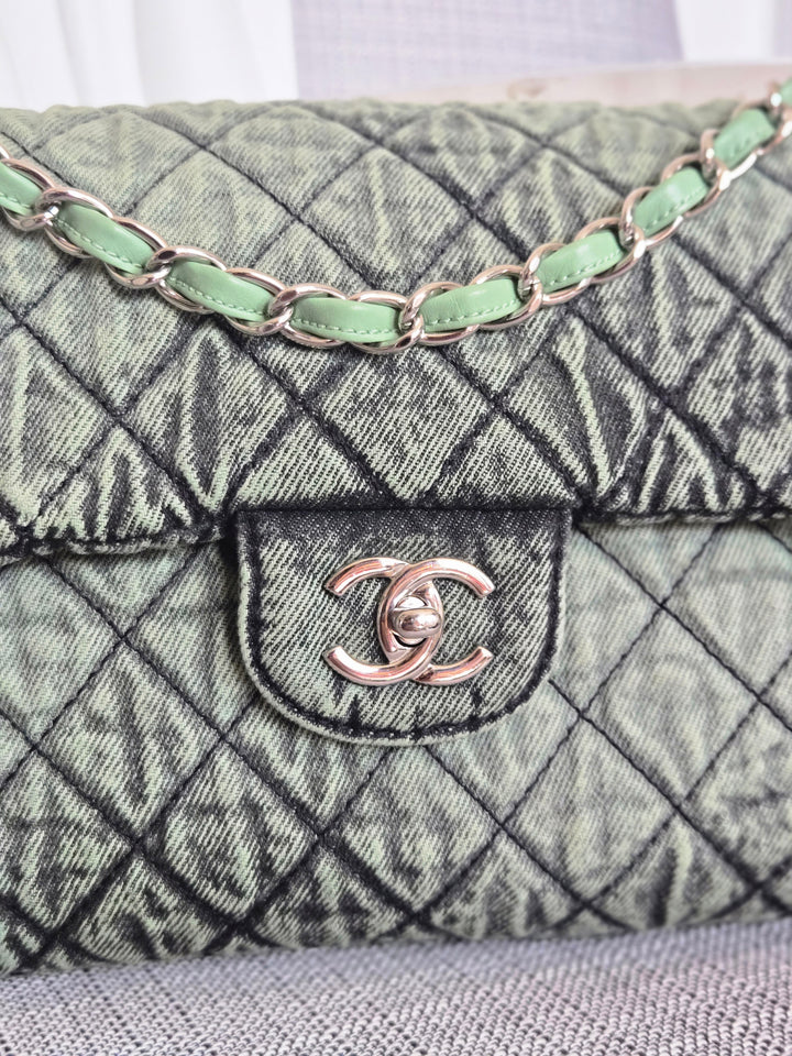 CHANEL Green Denimpression SHW size Jumbo Single Flap Bag