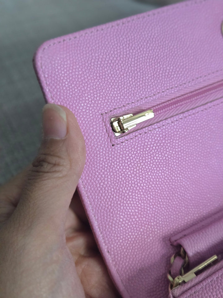 Chanel 23P Collection 2023 Mauve undertone Pink Caviar Champagne GHW Classic Wallet on chain (WOC)