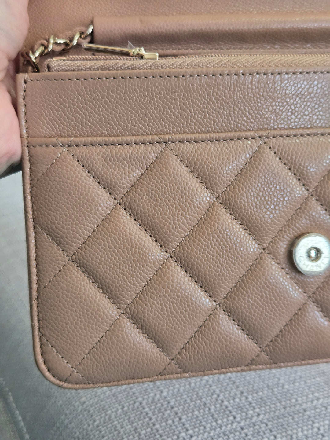Chanel Dark Beige Caviar Champagne GHW Classic Wallet on Chain (WOC) 2023