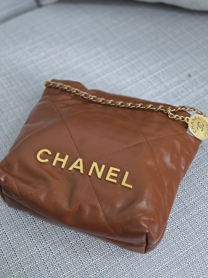 Chanel 23A 2023 Fall/Winter Collection Brown Lambskin Mini 22 Bag