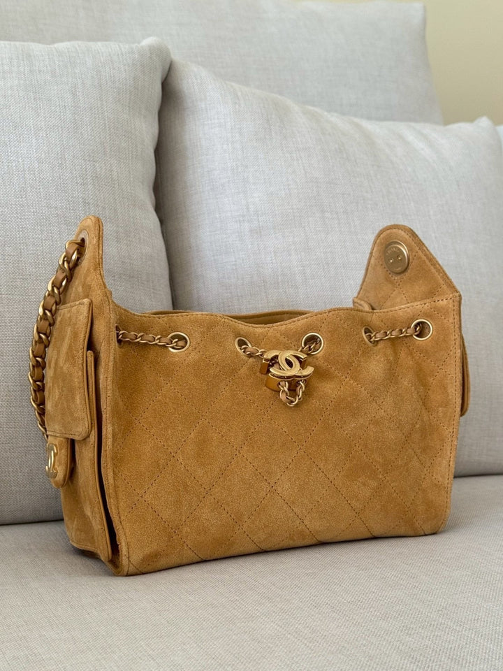 CHANEL 26C Camel Suede Aged GHW Mini 25 Hobo Bag