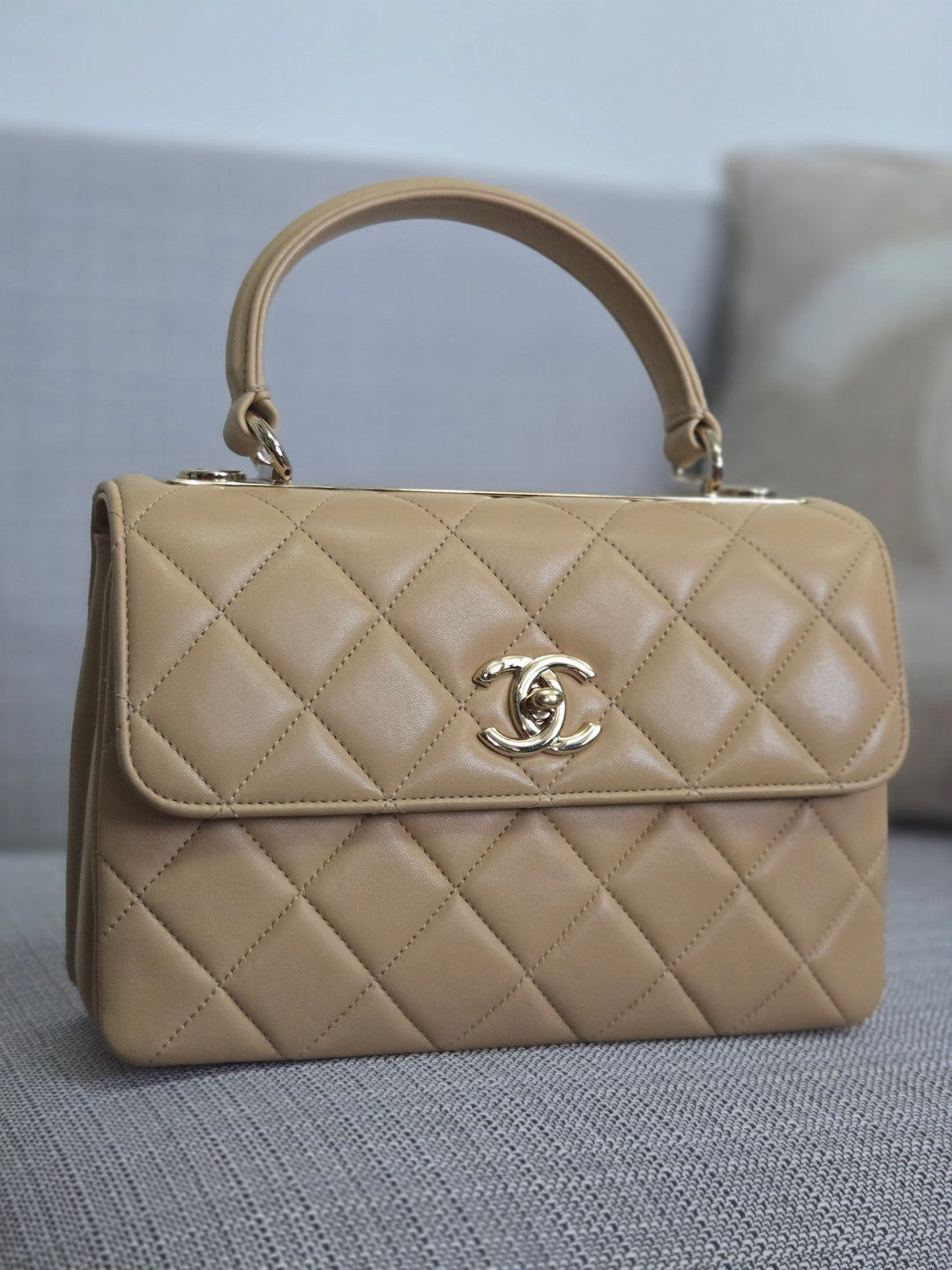 Chanel series 26 2018 Beige Lambskin Trendy CC Flap Bag with Top Handle Size Small with Champagne GHW and detachable Shoulder strap