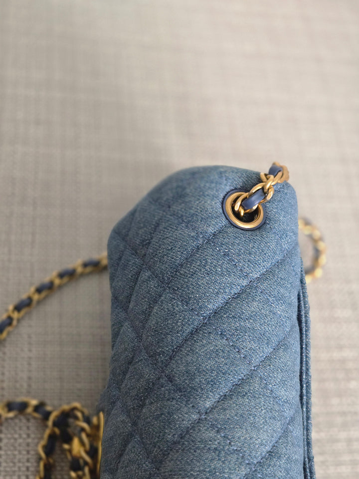 CHANEL 23C 2022/2023 Cruise collection Denim Pearl Crush Adjustable Chain Mini Rectangular Flap Bag with Aged GHW