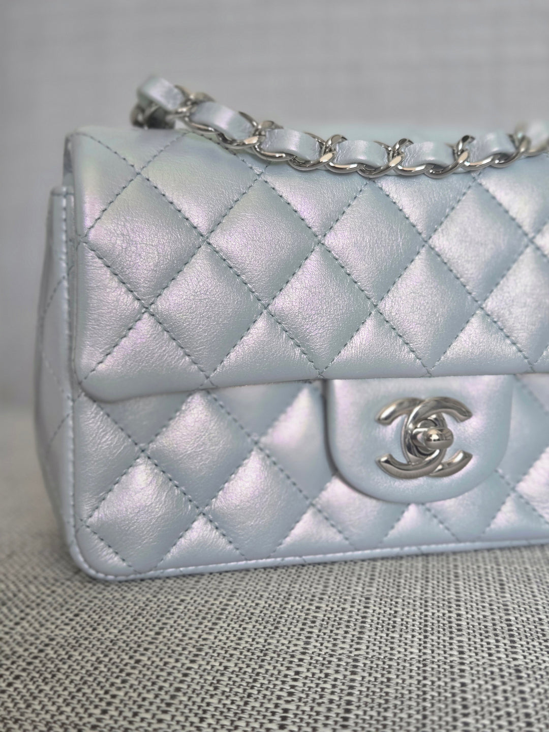 Chanel 21K collection 2021 Iridescent Light Blue Calf skin SHW Mini Rectangular Flap Bag