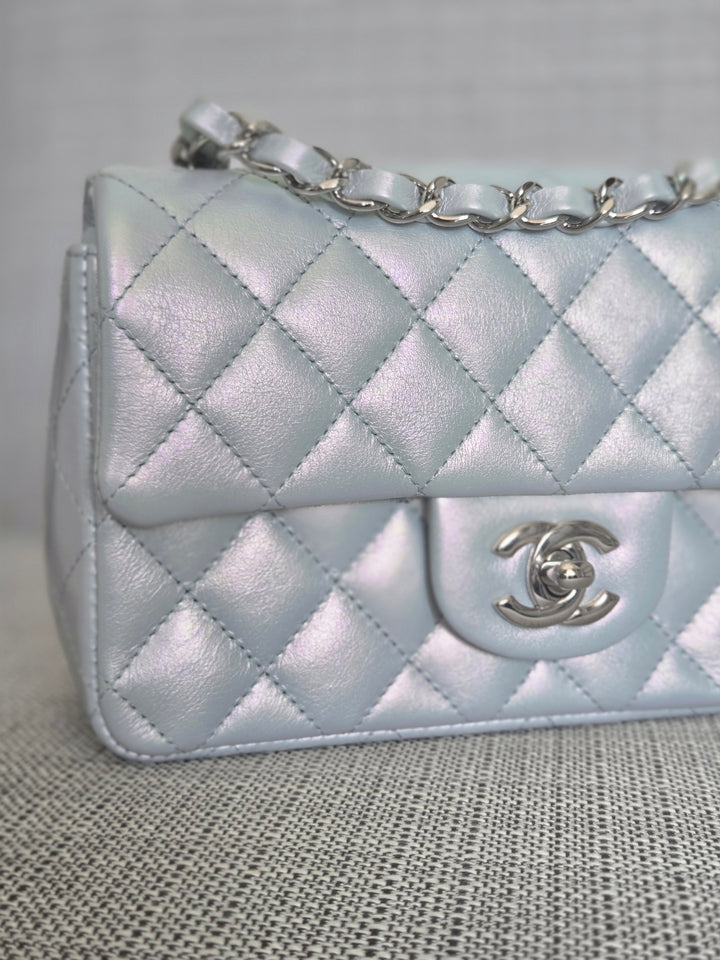 Chanel 21K collection 2021 Iridescent Light Blue Calf skin SHW Mini Rectangular Flap Bag