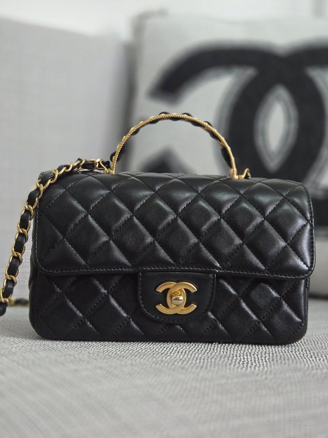 Chanel Black Lambskin Mini Rectangular Flap Bag with Top Handle GHW