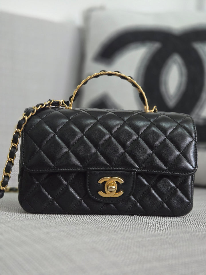Chanel Black Lambskin Mini Rectangular Flap Bag with Top Handle GHW