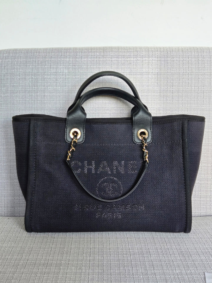 Chanel 22B Collection 2022 Black Tweed Small Deauville Tote with Top Handle with LGHW