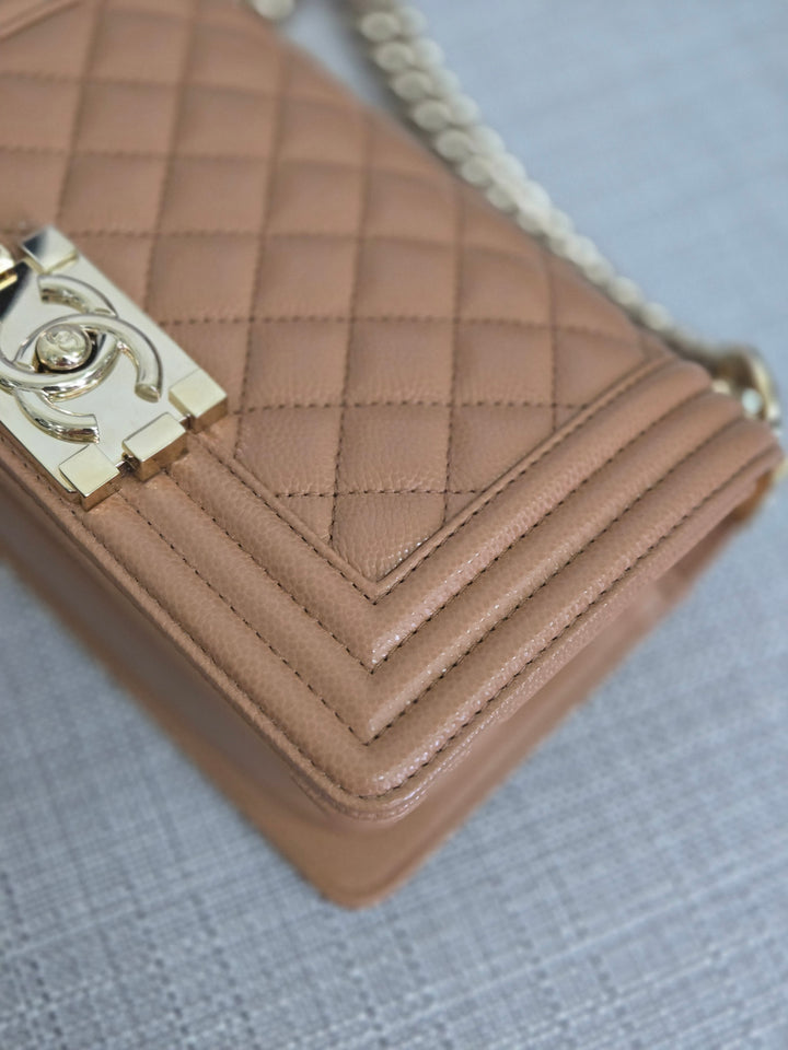 Chanel 21K 2021 Fall/Winter Collection Caramel Brown Caviar shiny champagne GHW Small Le Boy Flap Bag