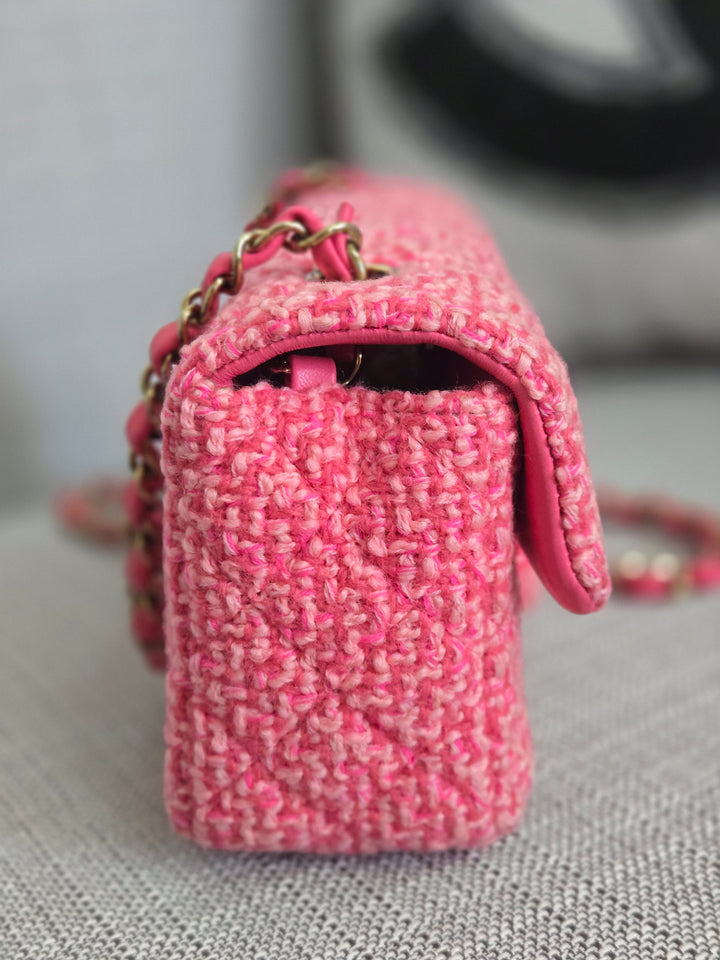 Chanel 22B 2022 Fall/Winter Fuchsia/Light Pink/Dark Pink Tweed Mini Rectangular Flap Bag with Champagne GHW