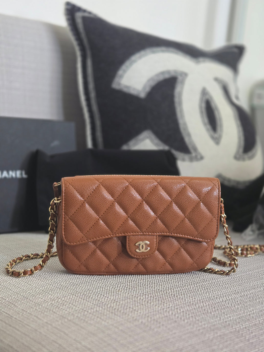 Chanel 2023 Caramel Brown Caviar Champagne GHW New Style Wallet on chain (WOC)